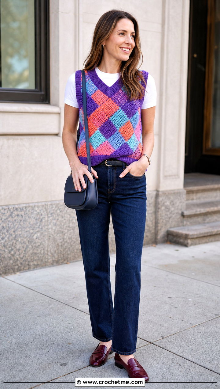 Entrelac Tunisian Crochet Sweater Vest With Straight Leg Jeans - 25 tunisian crochet sweater vest outfit ideas