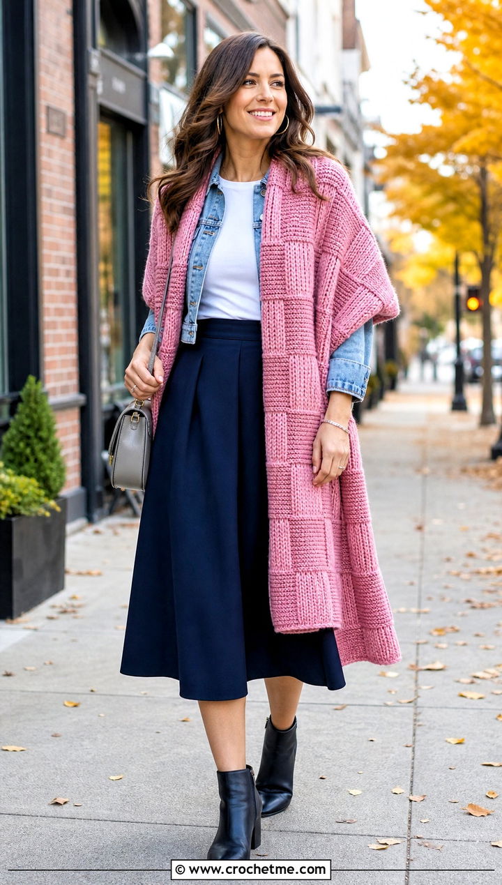 Entrelac Tunisian Crochet Wrap With Denim Jacket And Midi Skirt - 25 Tunisian Crochet Wrap outfit ideas