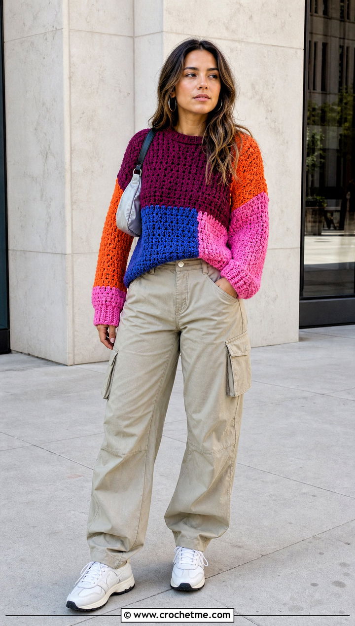 Eras Color Block Crochet Sweater With Cargo Pants - 25 taylor swift crochet sweater outfit ideas