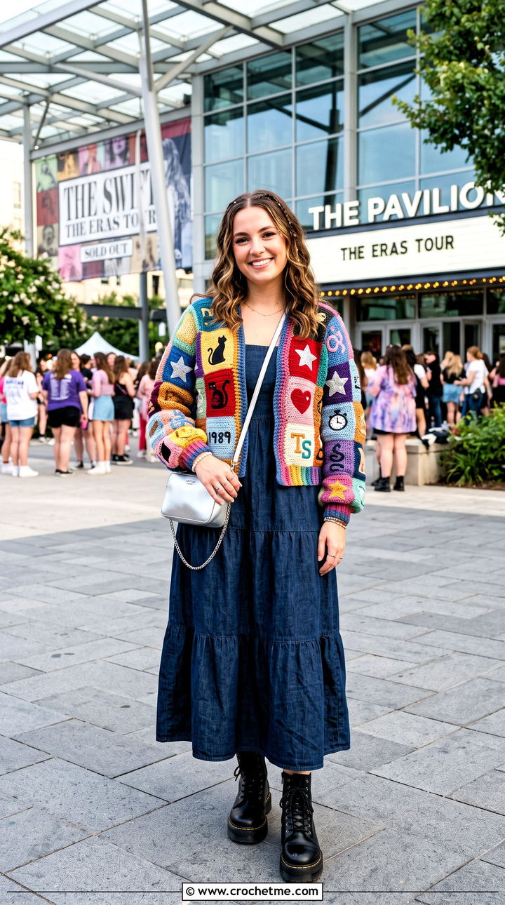 Eras Patch Taylor Swift Crochet Cardigan With Simple Maxi Dress - 35 crochet taylor swift cardigan outfit ideas