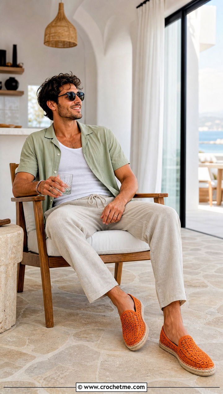 Espadrille Sole Crochet Mens Slippers With Linen Vacation Clothes - 30 crochet men's slippers outfit ideas