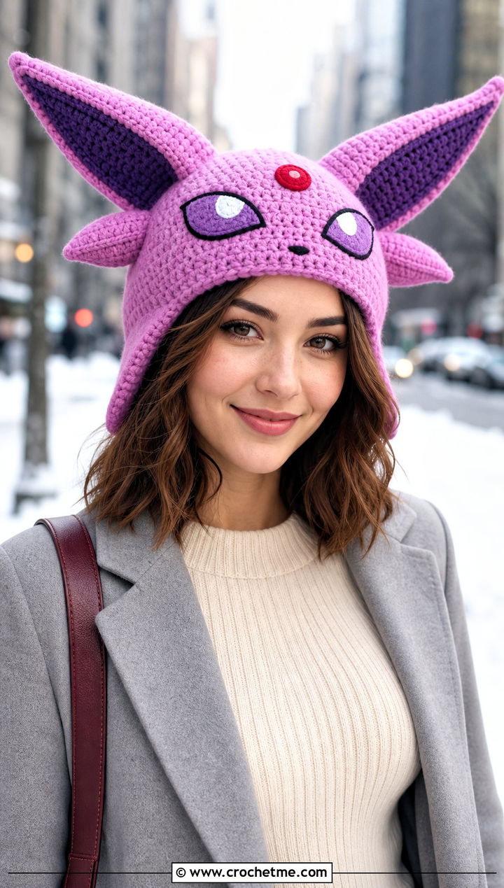Espeon Ear Beanie With Cream Knit Dress - 30 crochet pokemon beanie outfit ideas
