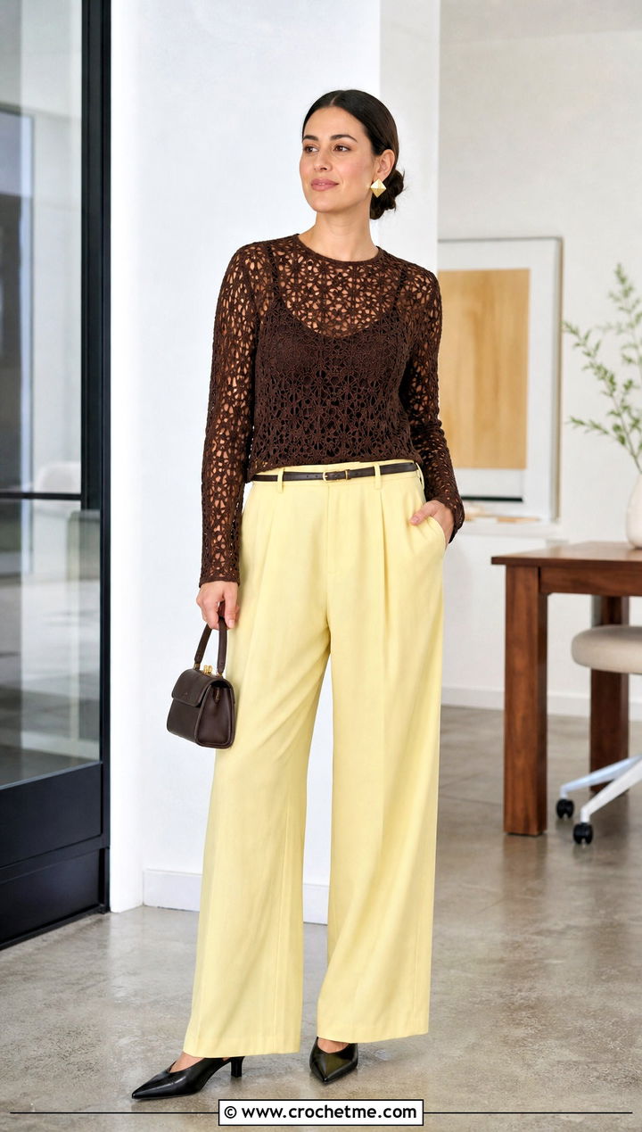 Espresso Mesh Crochet Sweater With Wide Leg Trousers - 15 Brown Crochet Sweater Design outfit ideas