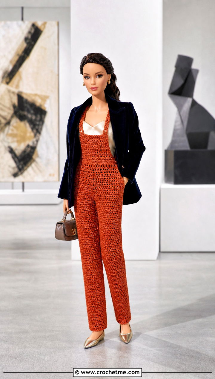 Evening Crochet Doll Overalls With Velvet Blazer - 30 crochet doll overalls outfit ideas