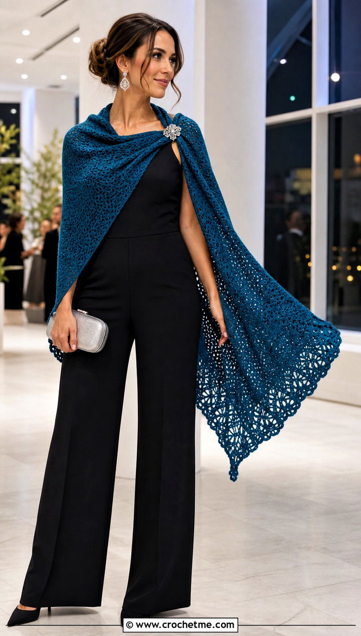 Evening Fall River Crochet Shawl With a Tailored Jumpsuit - 25 Fall River Crochet Shawl outfit ideas