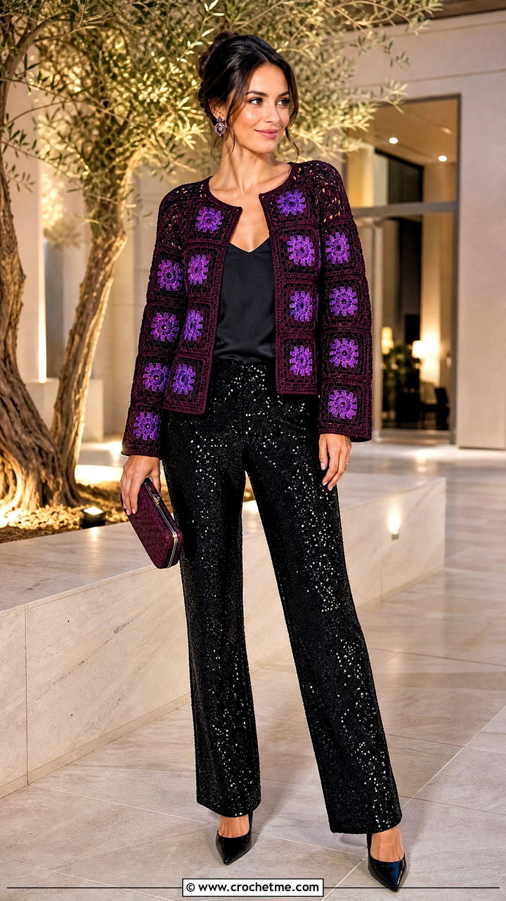 Evening Granny Square Jacket With Sequin Trousers - 35 granny square jacket outfit ideas