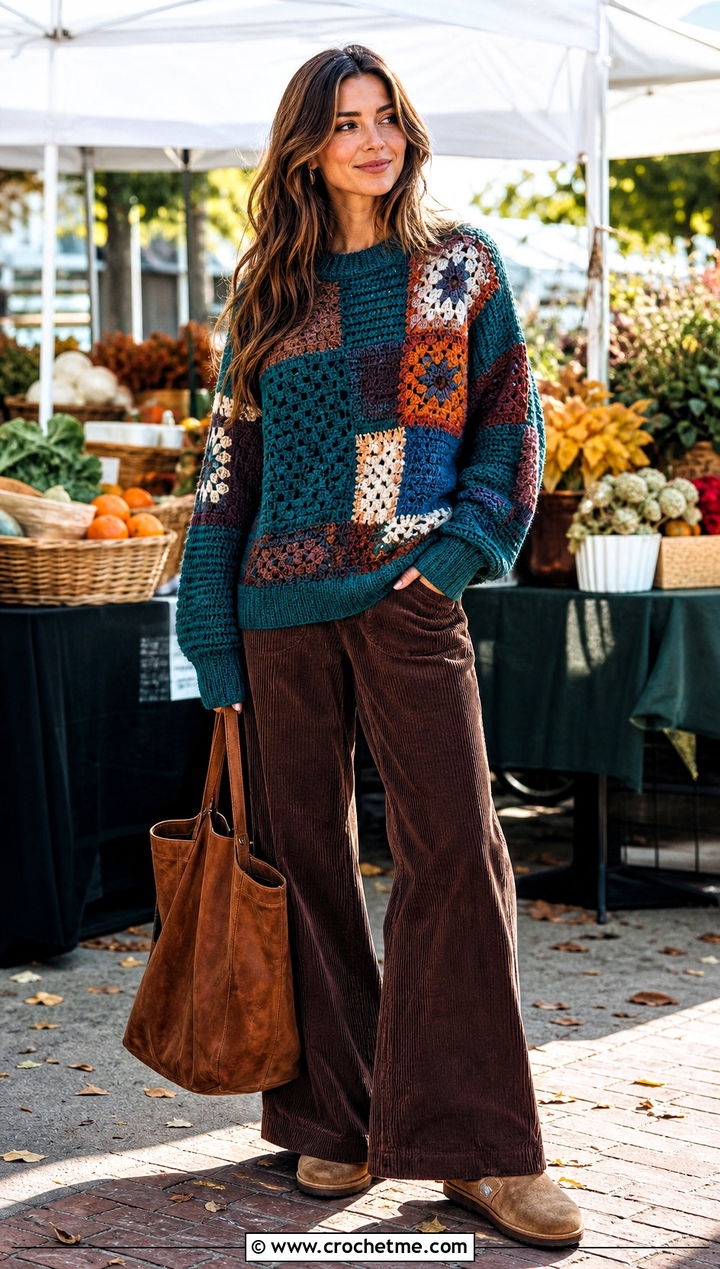 Evermore Patchwork Crochet Sweater With Corduroy Pants - 25 taylor swift crochet sweater outfit ideas