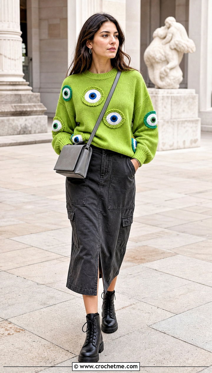Evil Eye Applique Sweater With Utility Skirt - 20 Evil Eye Crochet Sweater outfit ideas