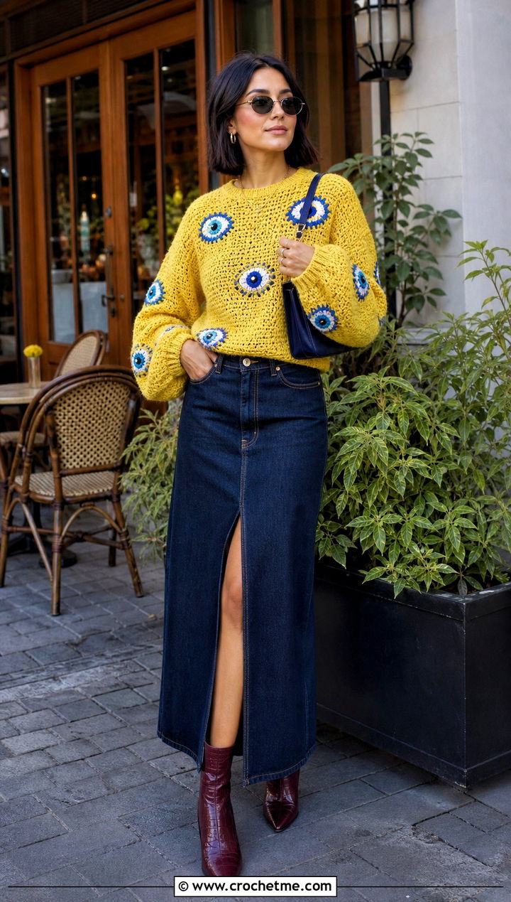 Evil Eye Balloon Sleeve Sweater With Denim Maxi Skirt - 20 Evil Eye Crochet Sweater outfit ideas