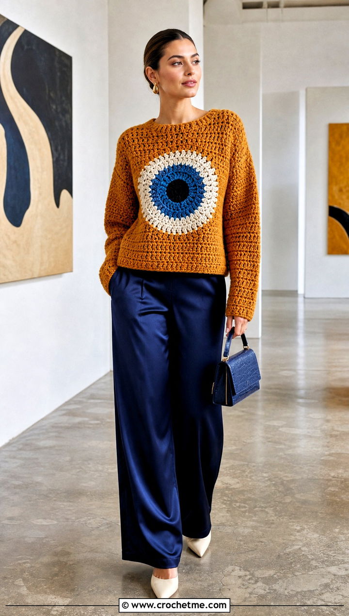 Evil Eye Boxy Sweater With Satin Pants - 20 Evil Eye Crochet Sweater outfit ideas