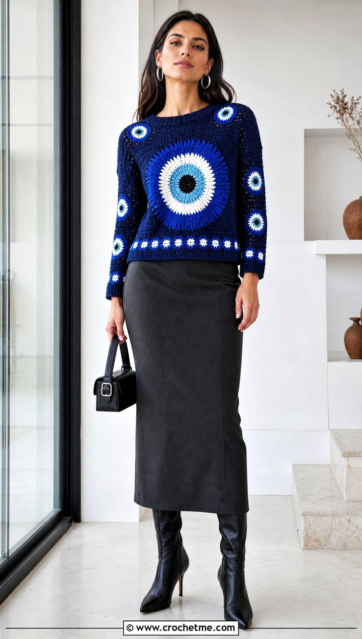 Evil Eye Crochet Graph Sweater With Column Skirt - 30 crochet graph sweater outfit ideas