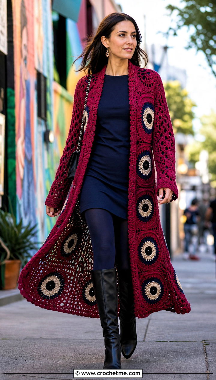 Evil Eye Duster Cardigan Sweater With Mini Dress - 20 Evil Eye Crochet Sweater outfit ideas