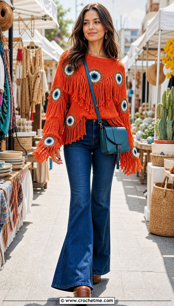 Evil Eye Fringe Sweater With Flared Jeans - 20 Evil Eye Crochet Sweater outfit ideas