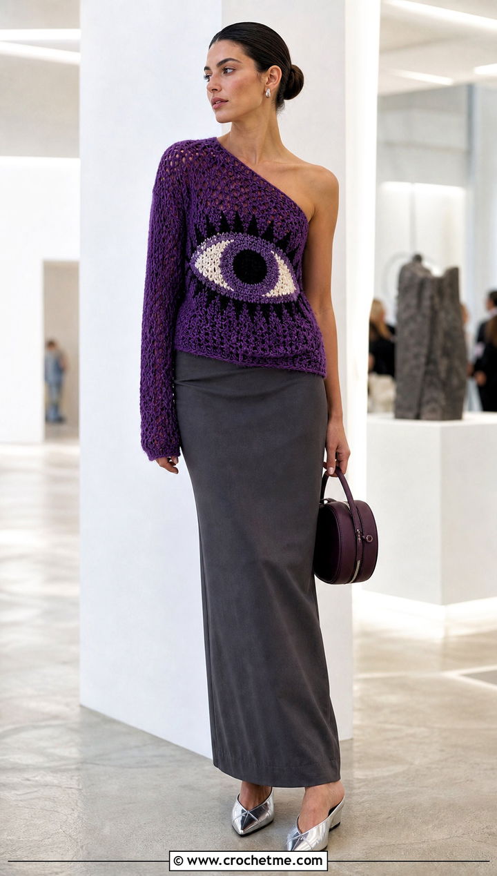 Evil Eye One Shoulder Sweater With Column Skirt - 20 Evil Eye Crochet Sweater outfit ideas