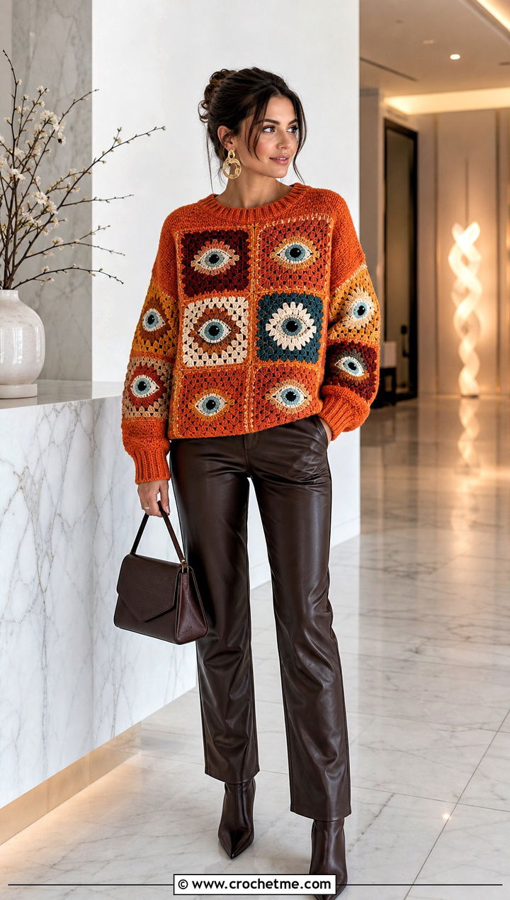 Evil Eye Patchwork Sweater With Leather Pants - 20 Evil Eye Crochet Sweater outfit ideas