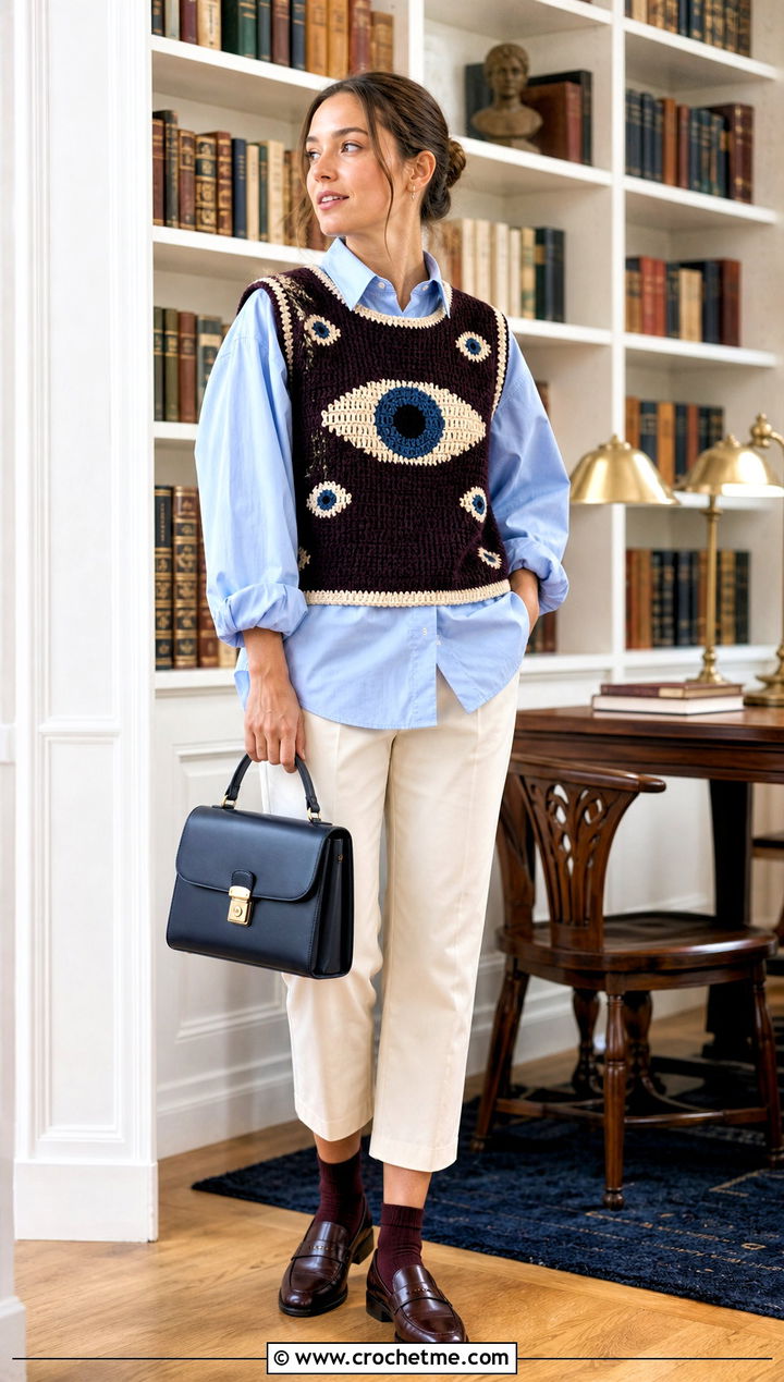 Evil Eye Sweater Vest With Button Down Shirt - 20 Evil Eye Crochet Sweater outfit ideas