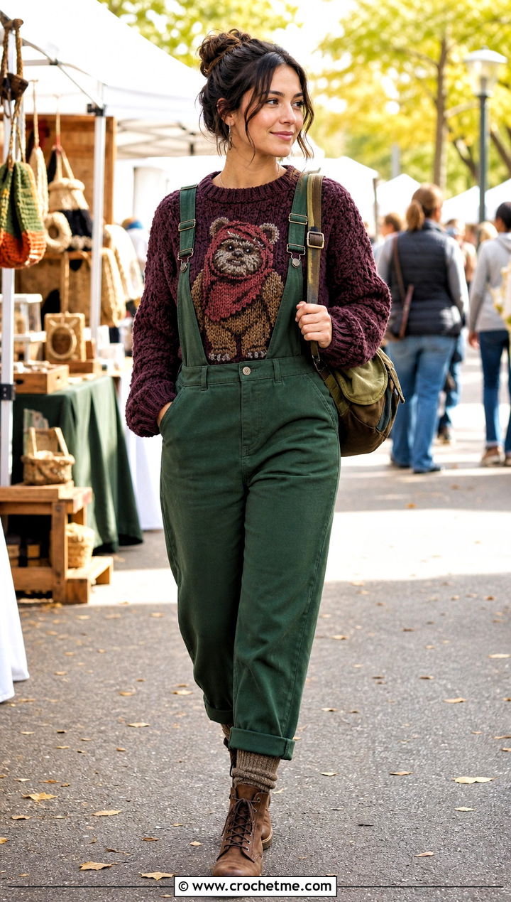 Ewok Cable Texture Crochet Sweater With Overalls - 20 Star Wars Crochet Sweater outfit ideas
