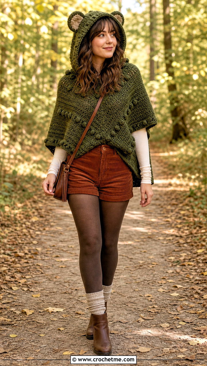 Ewok Hooded Crochet Poncho With Corduroy Shorts - 25 Star Wars Crochet Clothes and outfit ideas