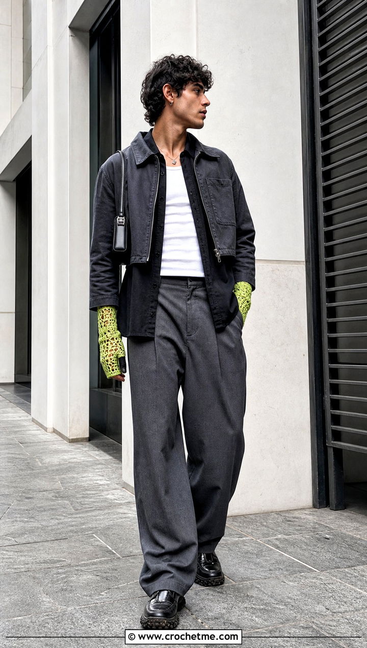 Extended Cuff Crochet Gloves With Cropped Jacket - 35 men crochet gloves outfit ideas