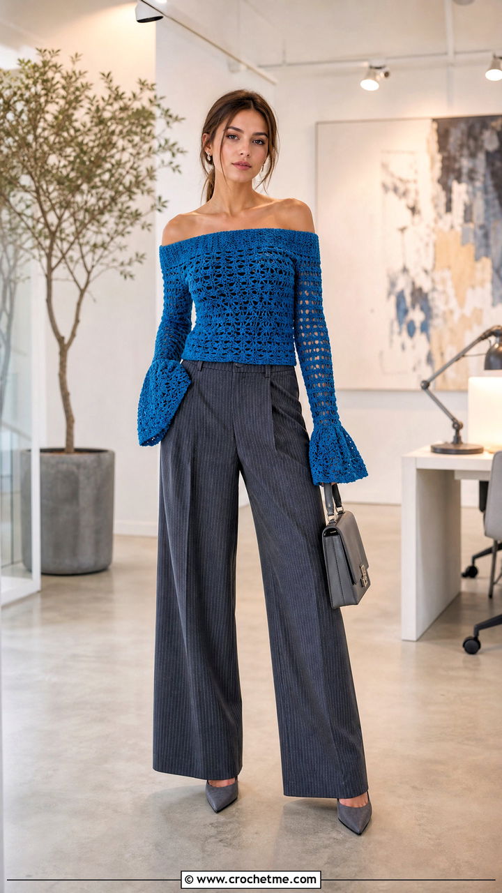 Extended Cuff Crochet Off Shoulder Top With Pinstripe Pants - 35 Crochet Off Shoulder Top outfit ideas