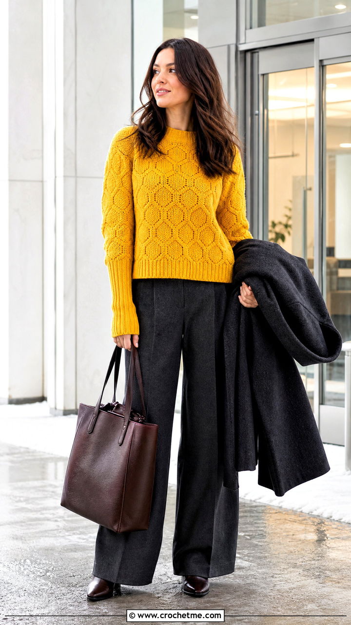 Extended Cuff Hexagon Sweater With Wool Trousers - 35 crochet hexagon sweater outfit ideas