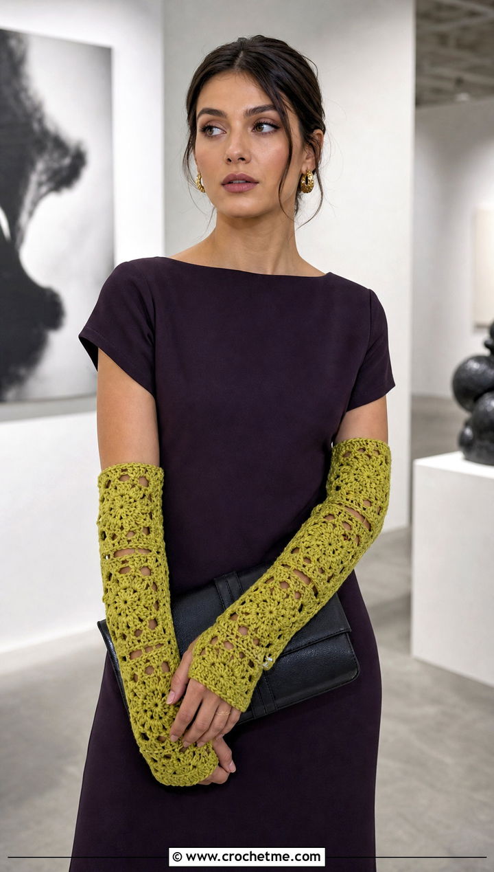 Extended Granny Square Arm Warmers With Minimal Dress - 20 Fingerless Granny Square Gloves outfit ideas