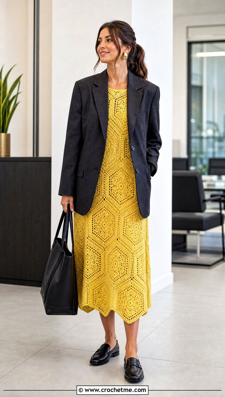 Extended Hexagon Crochet Midi Dress With Oversized Blazer - 25 hexagon crochet dress outfit ideas