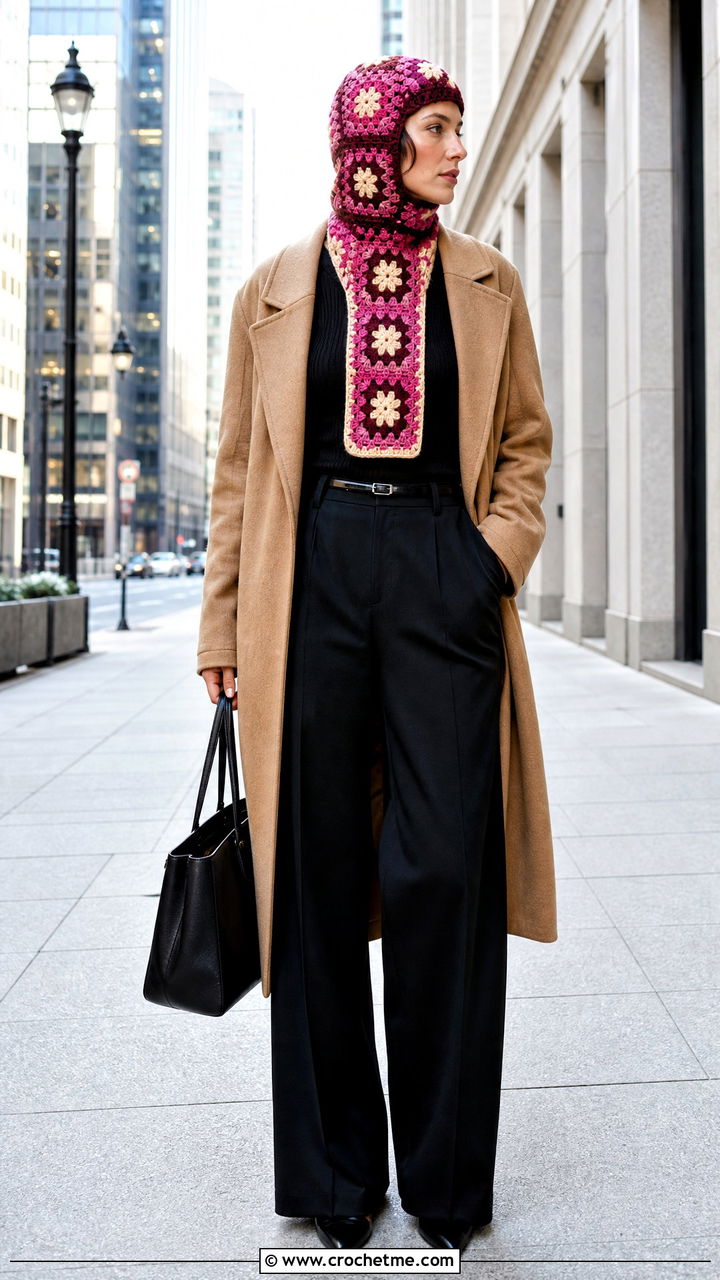 Extended Neck Granny Square Balaclava With Long Coat - 35 granny square balaclava outfit ideas
