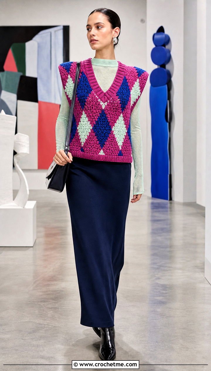 Extended Shoulder Argyle Crochet Sweater Vest With Maxi Skirt - 20 Argyle Crochet Sweater Vest outfit ideas
