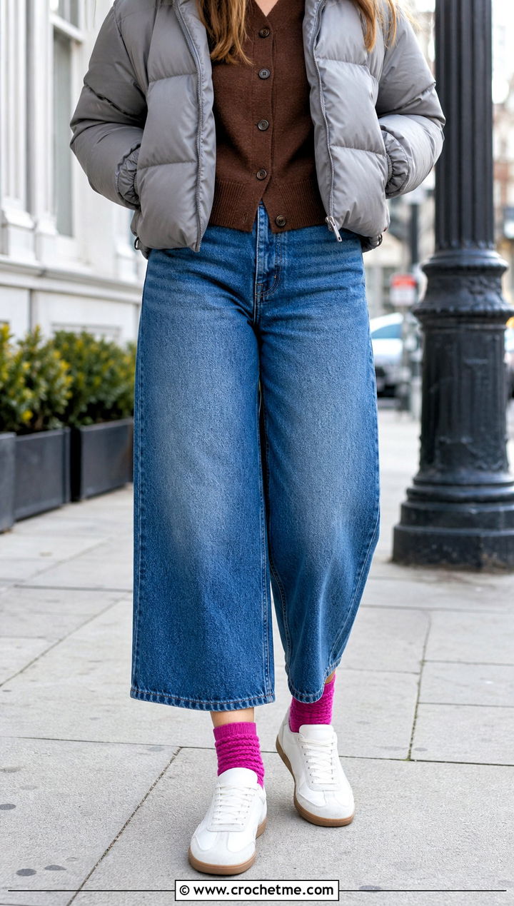 Extended Single Crochet Ankle Socks With Wide Leg Jeans - 30 crochet winter socks outfit ideas