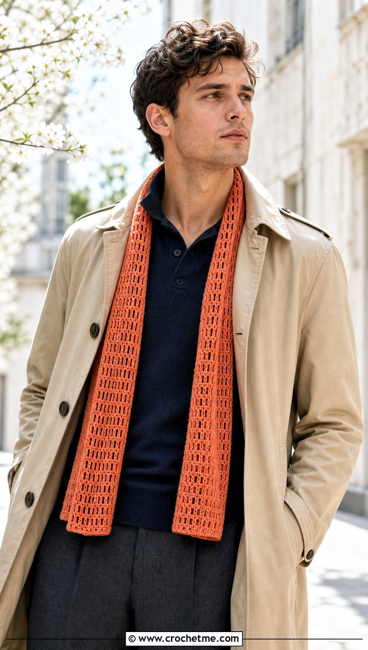 Extended Single Crochet Scarf With Trench Coat - 15 crochet stitch for mens scarf outfit ideas