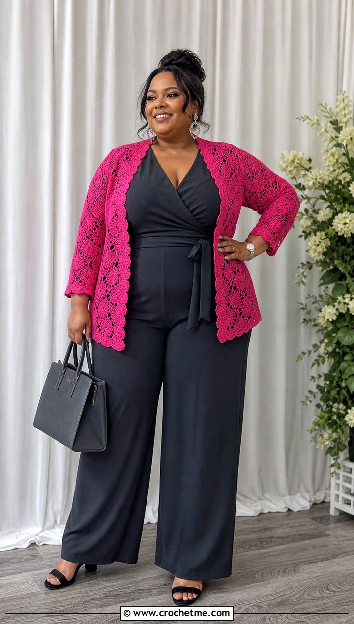 Extended Size Crochet Lace Shrug With Wrap Jumpsuit - 35 crochet lace shrug outfit ideas