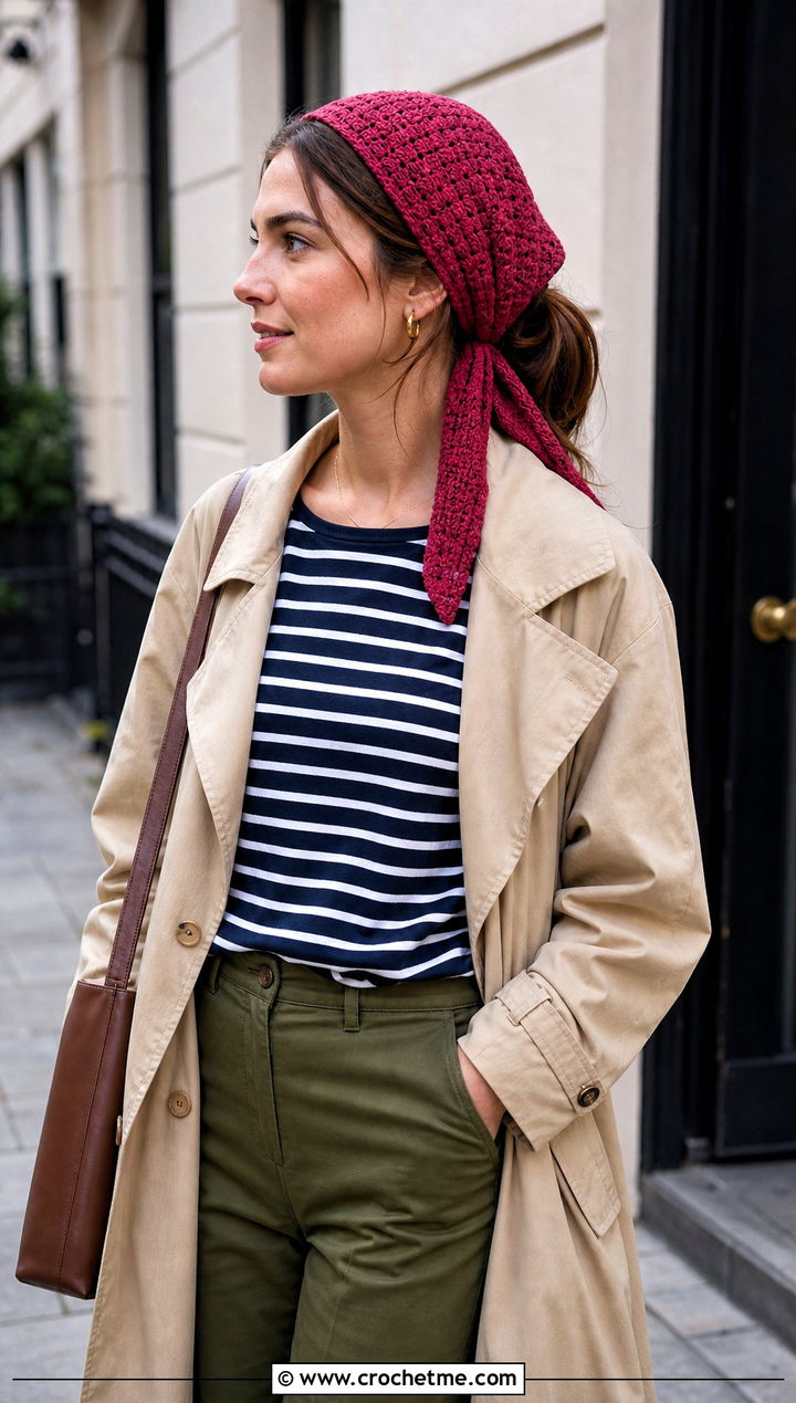 Extended Tie Triangle Headband With Trench Coat And Chinos - 30 crochet triangle headband outfit ideas