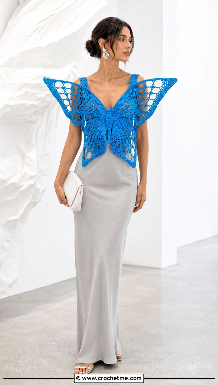 Extended Wing Crochet Butterfly Top With Column Skirt - 35 Crochet Butterfly Top outfit ideas