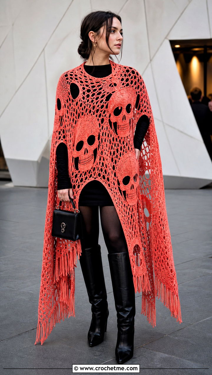 Extra Large Crochet Skull Shawl With a Mini Dress - 35 crochet skull shawl outfit ideas