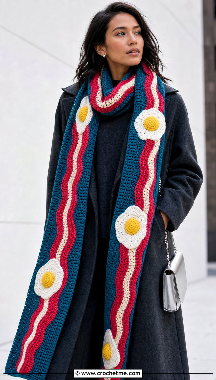 Extra Long Bacon And Eggs Scarf With Monochrome Outfit - 20 Crochet Bacon And Eggs Scarf outfit ideas