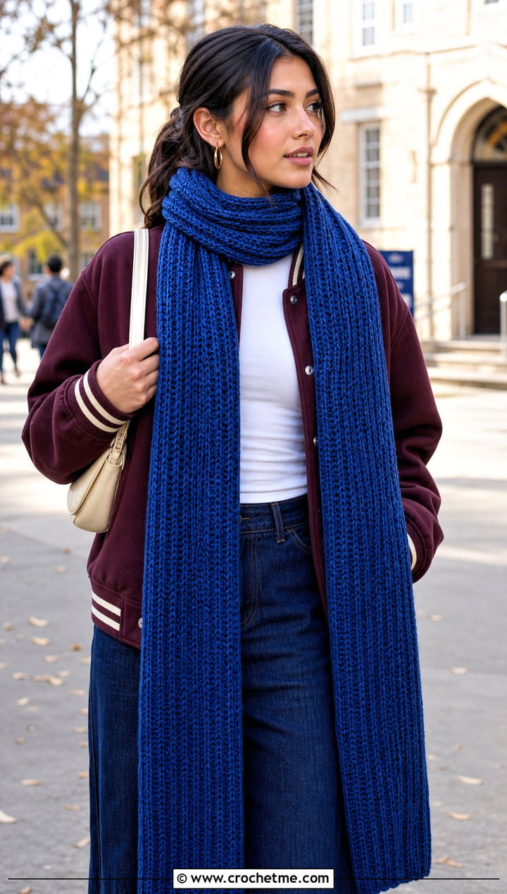 Extra Long Brioche Crochet Scarf With Varsity Jacket - 25 Brioche Crochet Scarf outfit ideas
