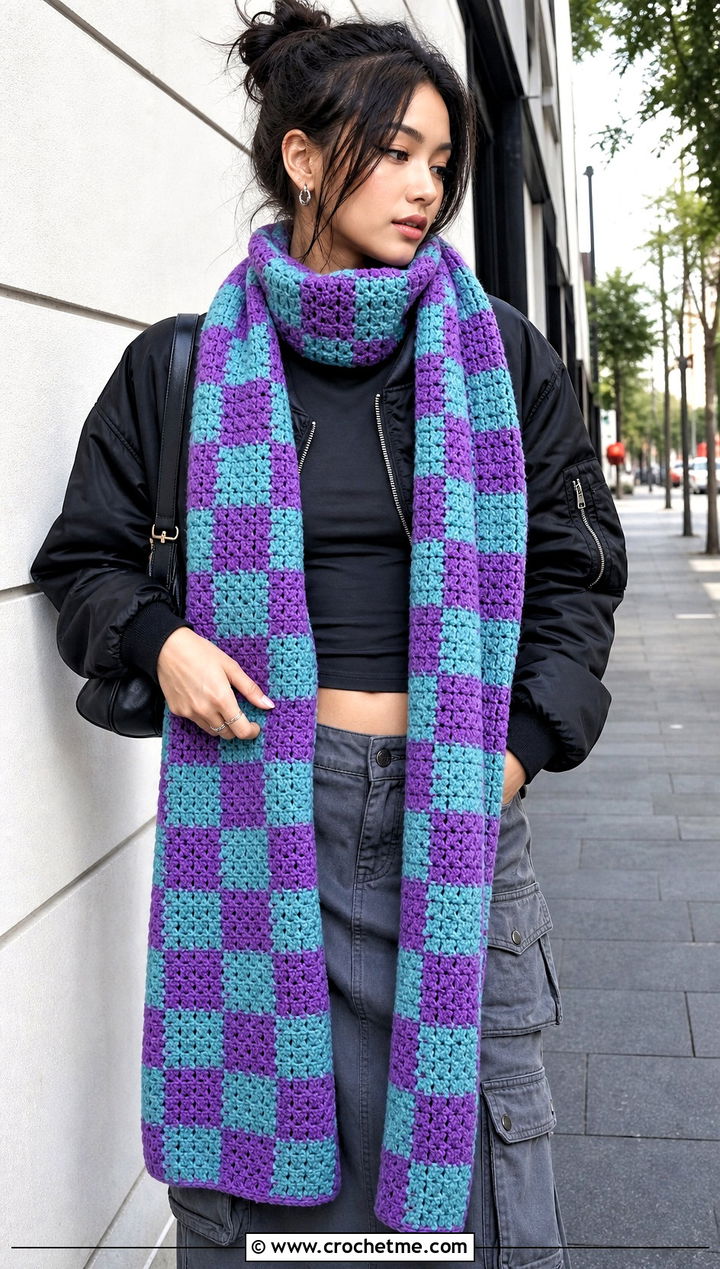 Extra Long Checkered Crochet Scarf With Bomber Jacket and Cargo Skirt - 20 Checkered Crochet Scarf outfit ideas