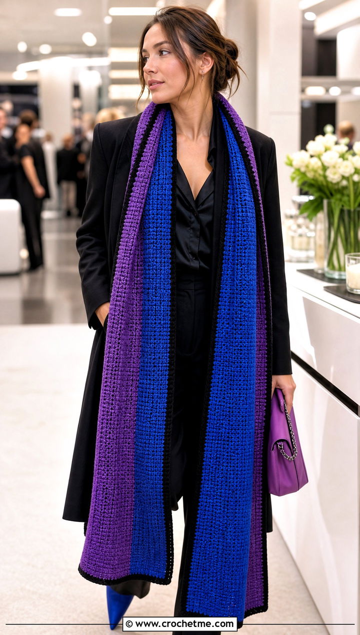 Extra Long Color Block Crochet Scarf With Evening Coat - 25 Color Block Crochet Scarf outfit ideas