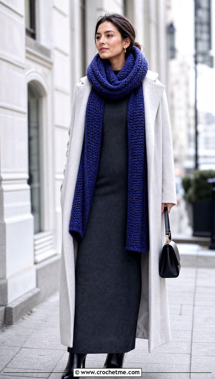 Extra Long Cowl Crochet Turtle Neck Hoodie With Maxi Coat - 30 crochet turtle neck hoodie outfit ideas