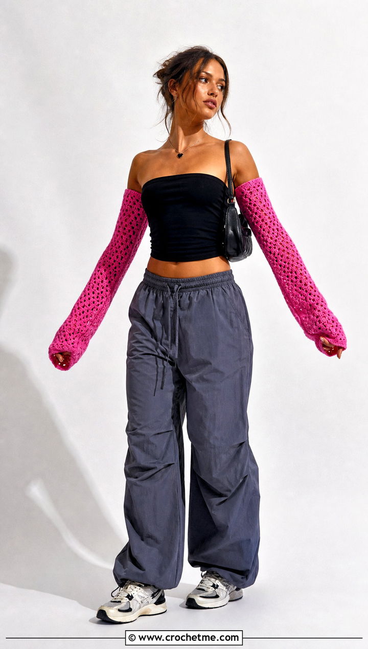 Extra Long Crochet Arm Warmers With Tube Top And Parachute Pants - 25 Easy Crochet Arm Warmers outfit ideas