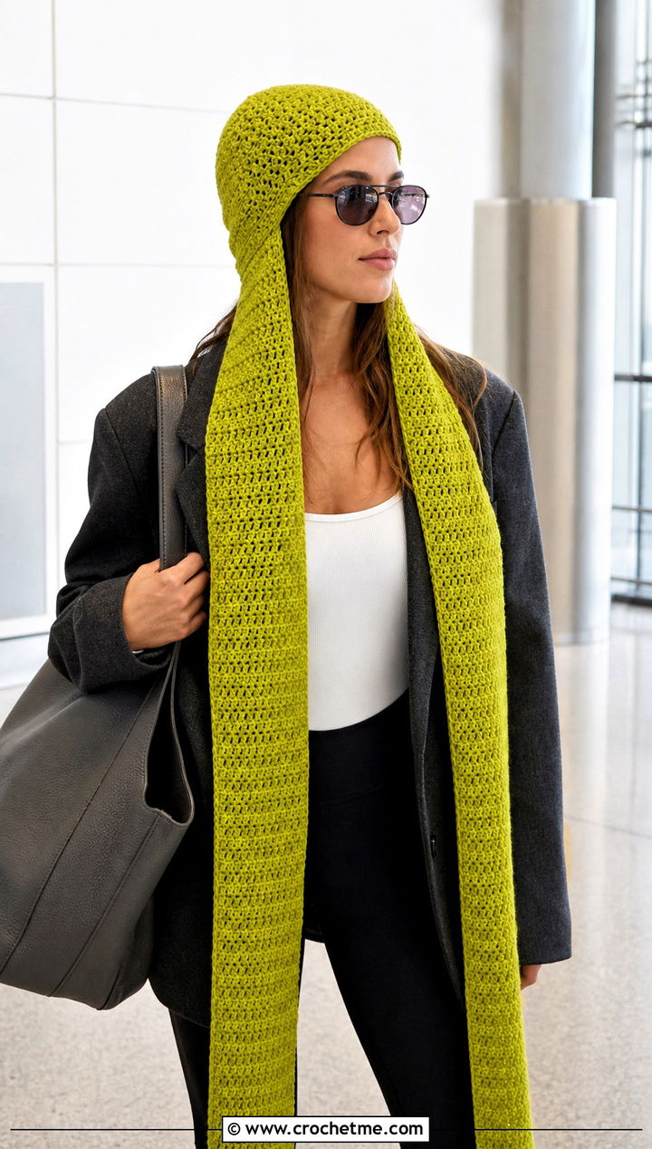 Extra Long Crochet Cap Scarf With Oversized Blazer - 25 Crochet Cap Scarf outfit ideas