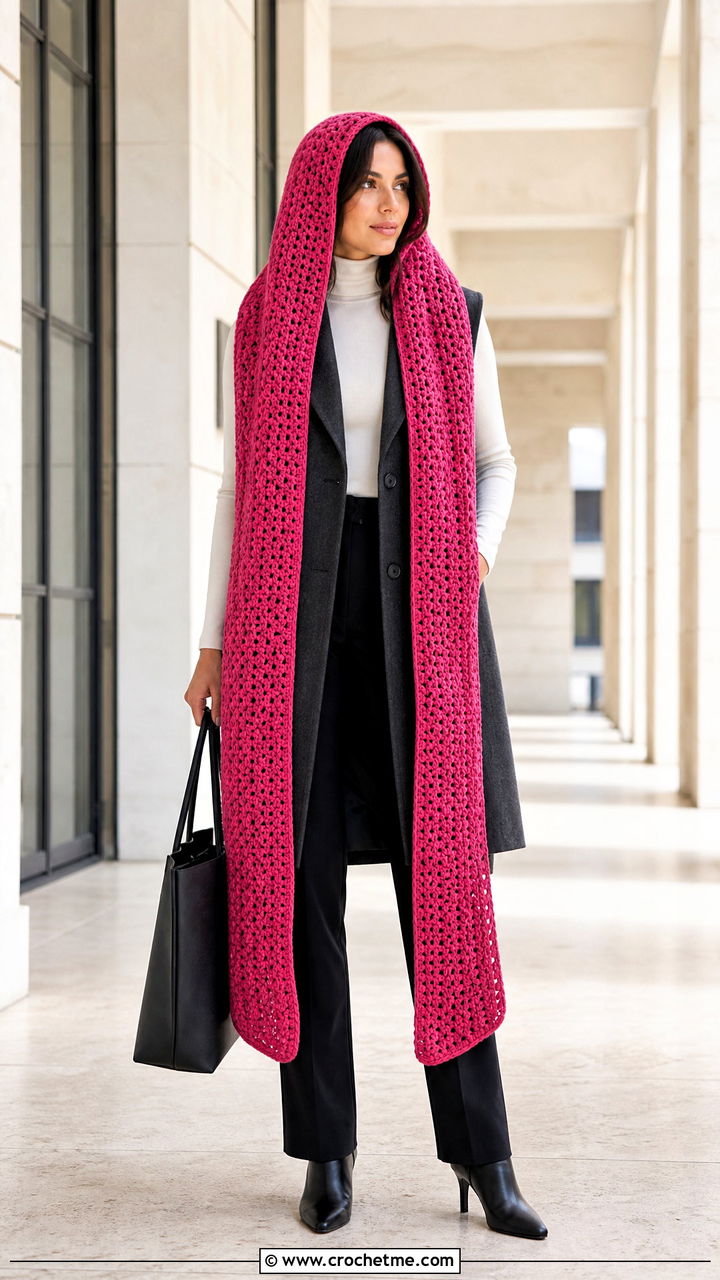 Extra Long Crochet Hood Scarf With Longline Vest - 35 crochet hood scarf outfit ideas