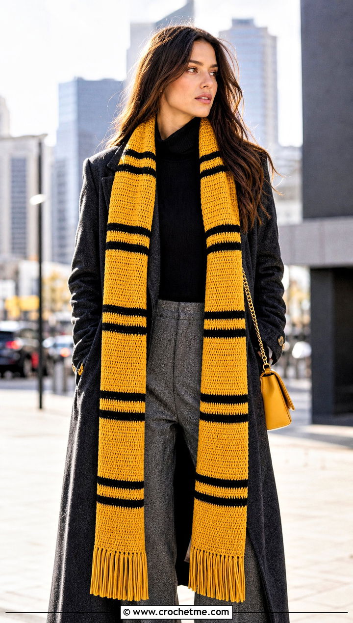 Extra Long Crochet Hufflepuff Scarf With Long Coat - 30 crochet hufflepuff scarf outfit ideas