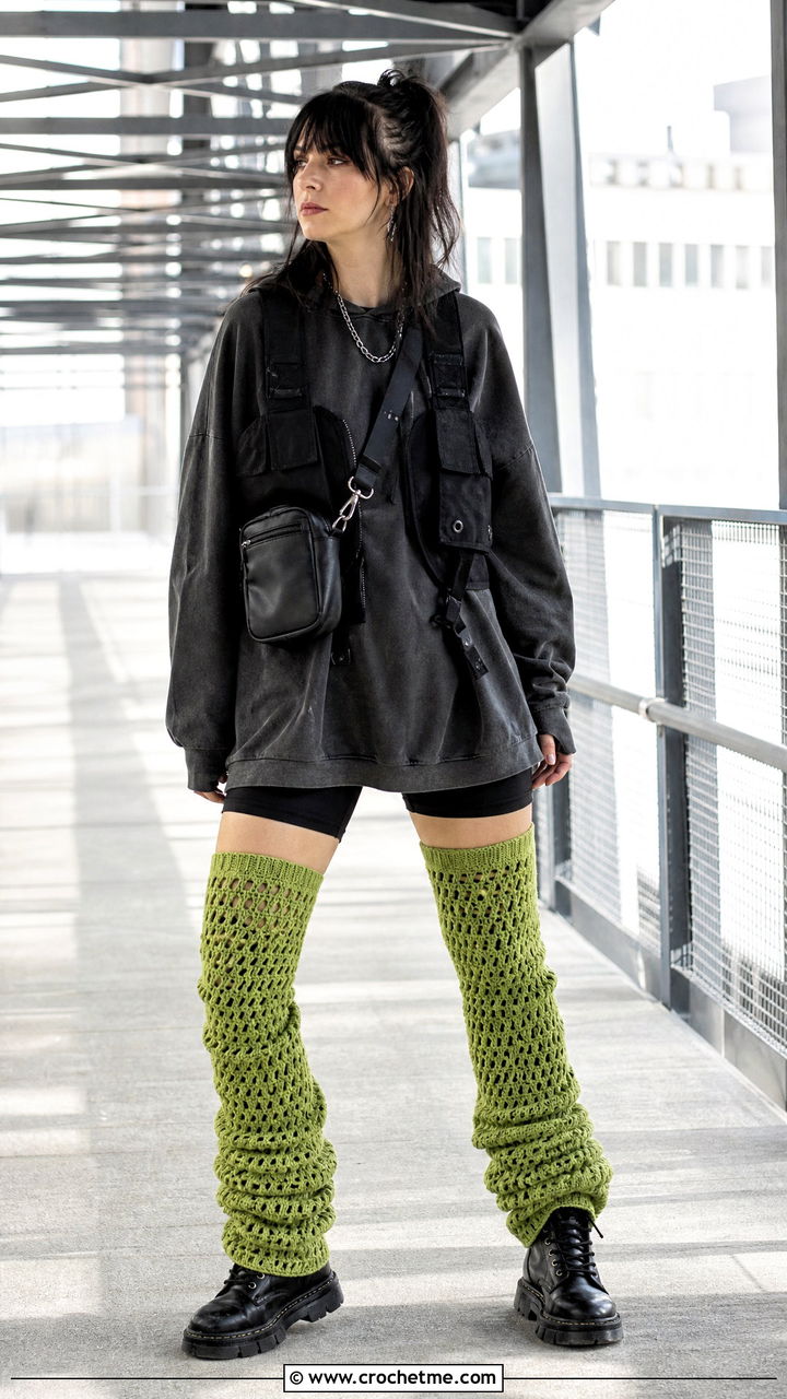 Extra Long Crochet Leg Warmers With Hoodie Dress And Combat Boots - 35 crochet leg warmer outfit ideas