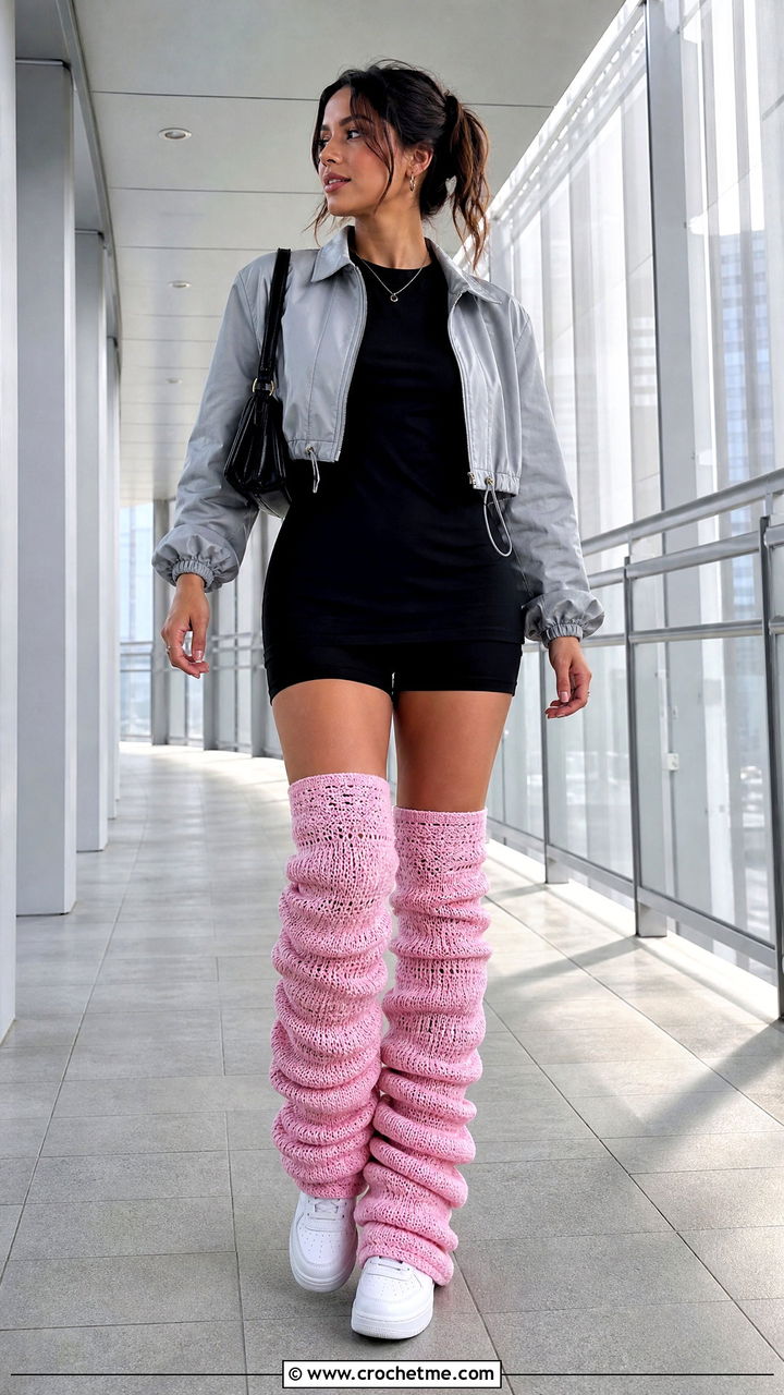 Extra Long Crochet Legwarmers With Mini Dress And Sneakers - 35 crochet legwarmers outfit ideas