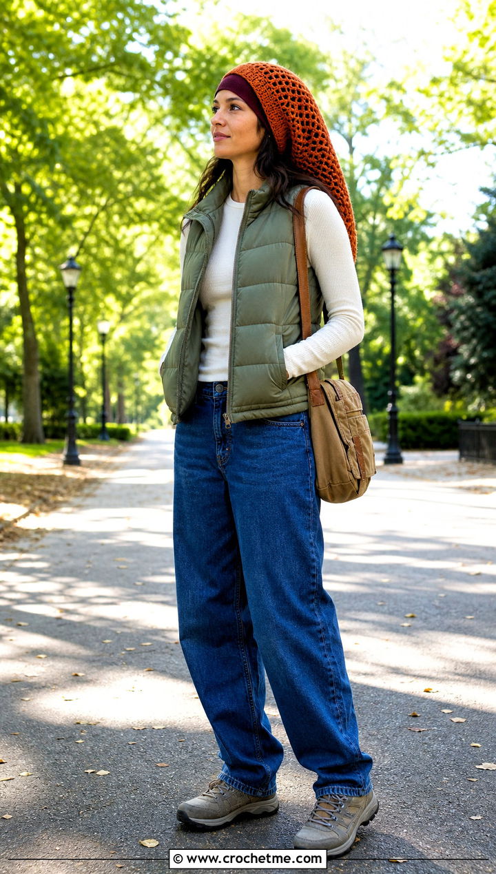 Extra Long Crochet Mesh Beanie With Puffer Vest - 35 crochet mesh hat outfit ideas