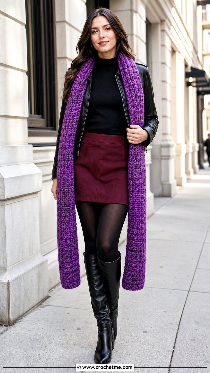 Extra Long Crochet Scarf With Mini Skirt - 35 easy crochet scarf outfit ideas