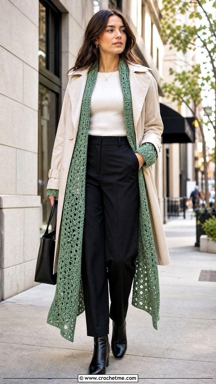 Extra Long Crochet Scarf With Sleeves And Trench Coat - 35 crochet scarf with sleeves outfit ideas