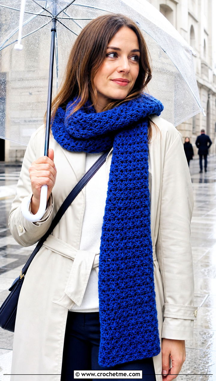 Extra Long Crochet Star Stitch Scarf With Raincoat And Boots - 25 Crochet Star Stitch Scarf outfit ideas